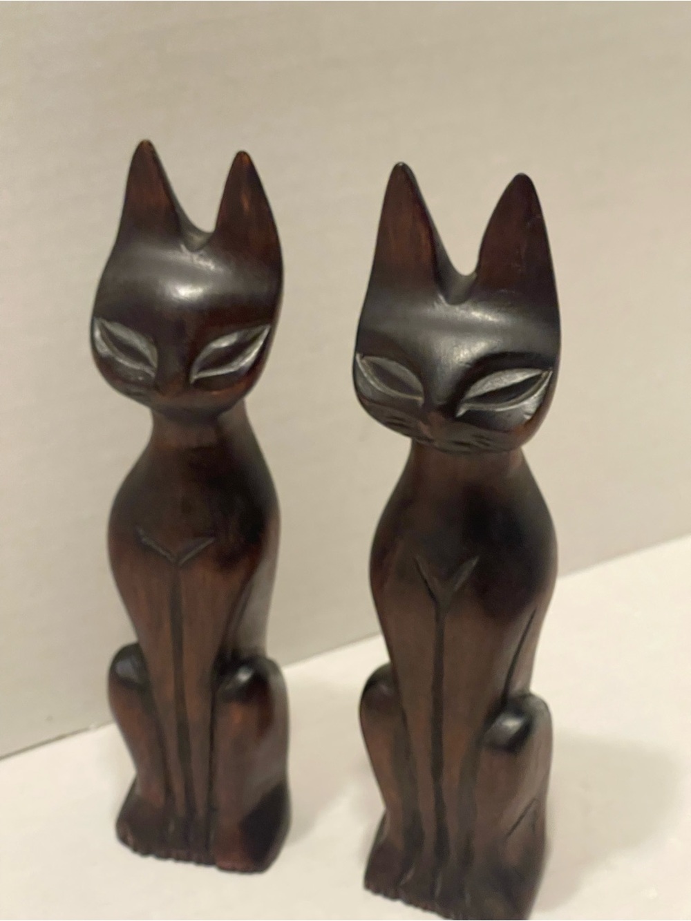1960s Hand Carved Brown Wooden Siamese Cat Figurine for Cats 8” tall